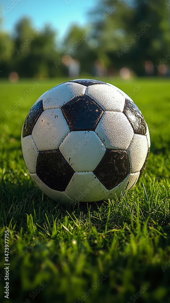 Obraz premium Game day gear: A black and white ball rests on fresh green grass, ready for the big game