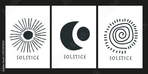 Hand drawn abstract minimal poster collection. Summer Solstice holiday background. Art design for wall art, decoration, wallpaper. Boho logo template with sun and moon