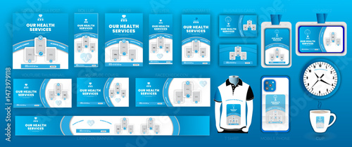 Medical healthcare table tent banner template. Display doctor service promotion on table, menu card for restaurant, billboard, rollup in abstract blue colorful shapes