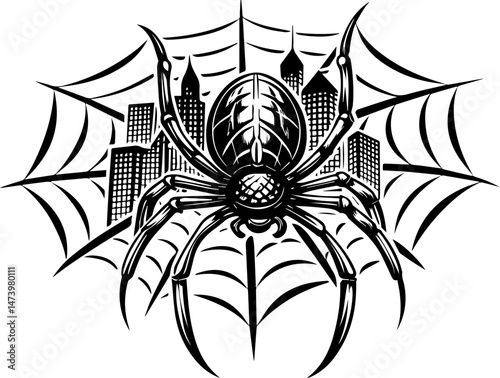 SVG vector depicting a hacker launching cyber and physical attacks in a digital warfare scenario. Intricate Spider Design Over Silhouettes of Urban Cityscape