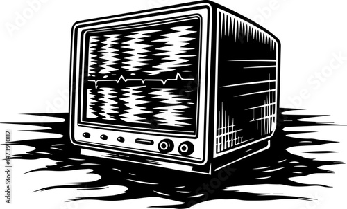 SVG vector depicting a hacker launching cyber and physical attacks in a digital warfare scenario. Retro Television Set with Abstract Waves on Water Surface