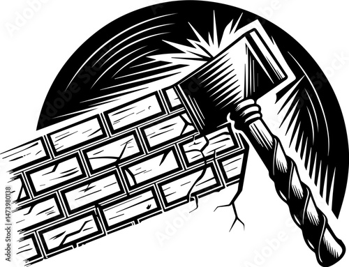 SVG vector depicting a hacker launching cyber and physical attacks in a digital warfare scenario. Hammer Striking Wall with Explosion Effect in Bold Graphic Style