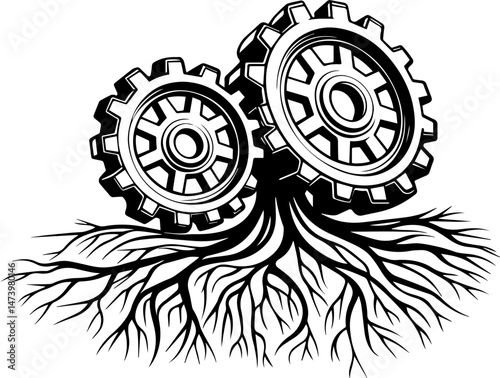 SVG vector depicting a hacker launching cyber and physical attacks in a digital warfare scenario. Gear and Roots Symbolizing Mechanics, Growth, and Nature Interconnection