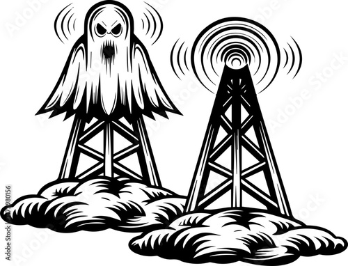 SVG vector depicting a hacker launching cyber and physical attacks in a digital warfare scenario. Ghostly Radio Towers with Eerie Design and Sound Waves