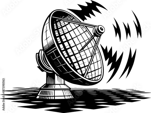SVG vector depicting a hacker launching cyber and physical attacks in a digital warfare scenario. Satellite Dish Receiving Signals in Monochrome Illustration Art