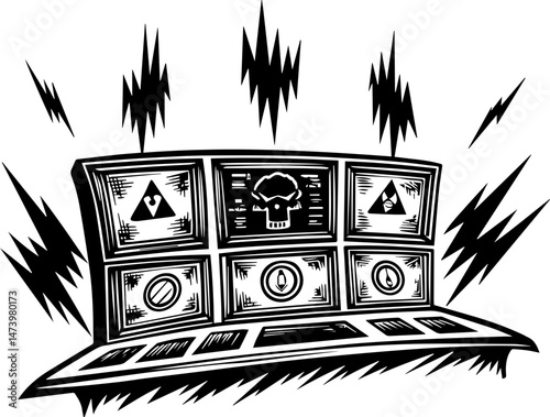 SVG vector depicting a hacker launching cyber and physical attacks in a digital warfare scenario. Artistic Representation of Danger and Warning Symbols in Black and White