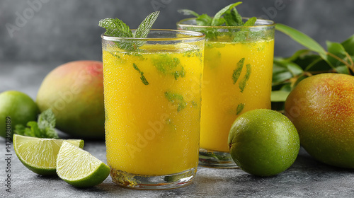 Refreshing Aam Panna drink recipe in glasses. Raw mango juice with lime, mint leaves. Indian summer beverage, vegetarian cocktail, healthy refreshment. Close-up photo of colorful drink decoration.