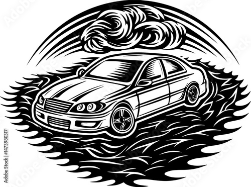 SVG vector depicting a hacker launching cyber and physical attacks in a digital warfare scenario. Car Illustration in Waves with Dramatic Cloudy Background