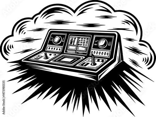 SVG vector depicting a hacker launching cyber and physical attacks in a digital warfare scenario. Control Panel with Retro Design Surrounded by Dramatic Clouds