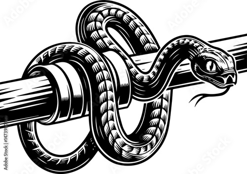 SVG vector depicting a hacker launching cyber and physical attacks in a digital warfare scenario. Black and White Illustrated Snake Wrapped Around Metal Pipe Design