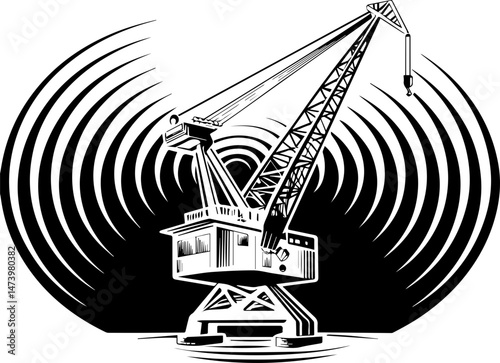SVG vector depicting a hacker launching cyber and physical attacks in a digital warfare scenario. Industrial Crane With Waves Symbolizing Strength and Power