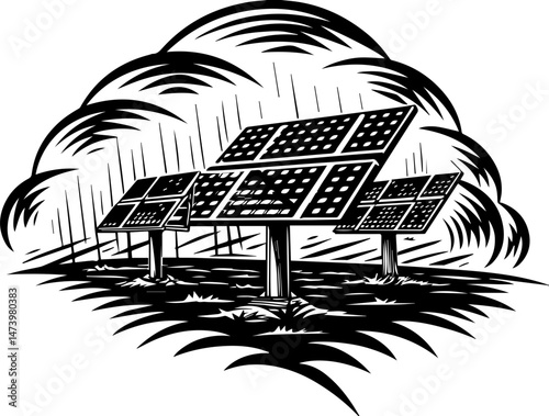 SVG vector depicting a hacker launching cyber and physical attacks in a digital warfare scenario. Solar Panels Under Rainy Sky in Black and White Illustration