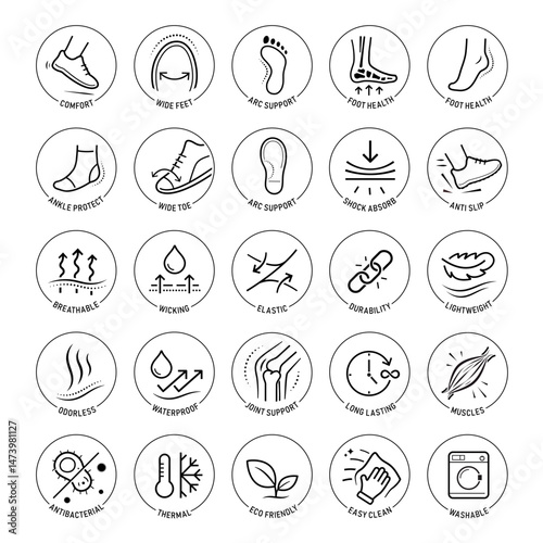Set icons for shoes. These icons can visually communicate the key features of footwear designed to promote foot health. The outline icons are well scalable and editable. EPS10.