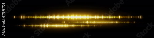 Glowing yellow soundwave with dual waveform lines and intense light peaks on black background. Suitable for audio visualization, podcast player, music track or signal analysis design.