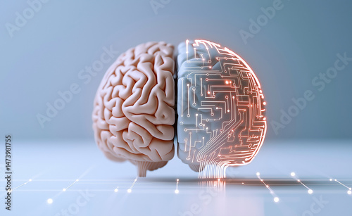 Half human brain and half digital circuit brain symbolizing the fusion of biology and artificial intelligence.
 photo