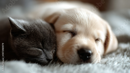 Close up of a sleepy puppy and kitty resting together.