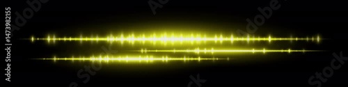 Glowing yellow soundwave with dual waveform lines and intense light peaks on black background. Suitable for audio visualization, podcast player, music track or signal analysis design.