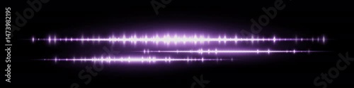 Glowing purple soundwave with dual waveform lines and intense light peaks on black background. Suitable for audio visualization, podcast player, music track or signal analysis design.
