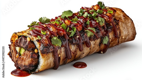 Grilled Asian Fusion Roll with Teriyaki Glaze and Cilantro Garnish