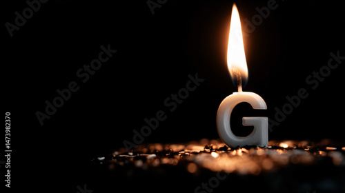 Close up of a whitened missive g natal day candle with flack on a black background. photo
