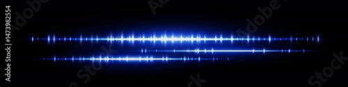 Bright blue audio waveform with dual frequency bands and glowing shine. Ideal for podcast visuals, sound signal analysis, equalizer interface or electronic music display.