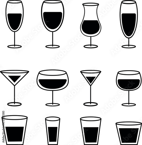 Illustration of different drinks in different glasses. Vector illustration of summer cocktails. Banner with the image of both soft and alcoholic drinks. Alcohol drink silhouette icons set. 