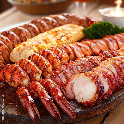Grilled Seafood and Sausage Platter with Corn on the Cob