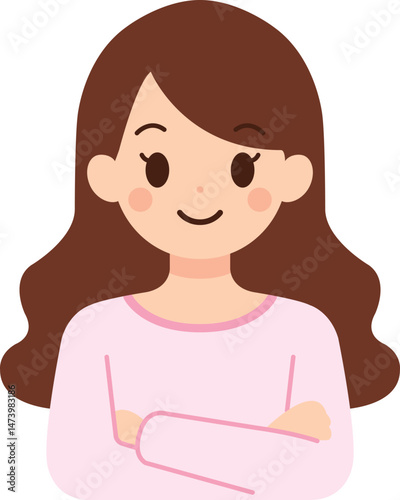 핑크색 티셔츠를 입고 미소를 지으며 팔짱을 끼고 있는 여성