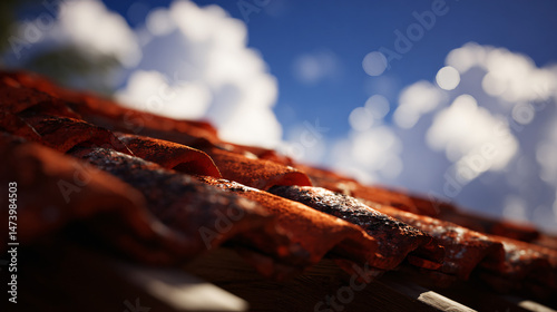 Close up of terracotta cap tiles under a lustrous sky