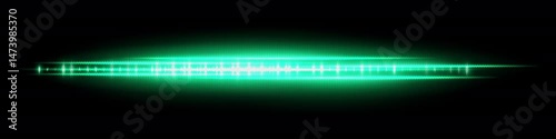 Green glowing waveform with soft flare and reflection, radiating light intensity and dense central pattern. Used for futuristic audio display, signal visualization or interface effect.