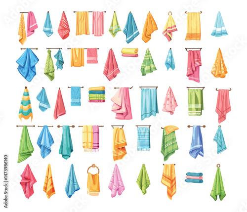 Bath towels cartoon vector set. Fabric colored ring wall hanging roll textile hygiene accessories, illustrations isolated on white background