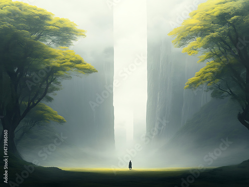 Lone Figure in Misty Canyon.