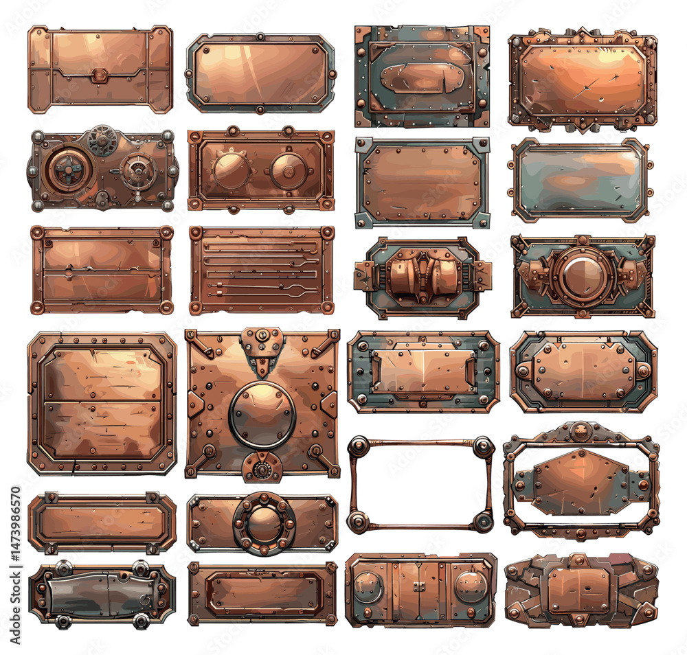 Bronze panels cartoon vector set. Square metal riveted rectangular steampunk iron mechanisms brass machinery frames isolated on white background