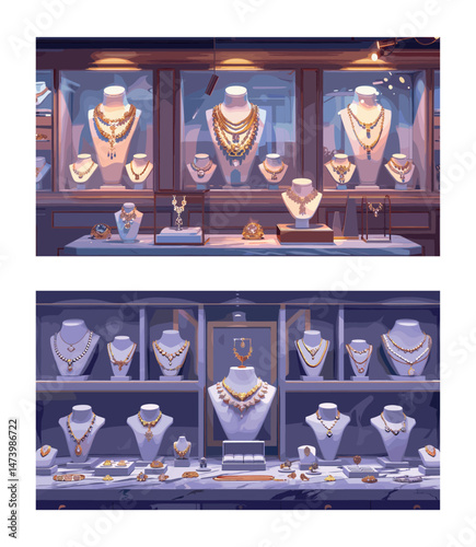 Jewelry store cartoon vector concepts. Showcase gold necklaces mannequins wristwatches chains diamond rings earrings gift wealthy expensive metals stones accessories, isolated illustrations