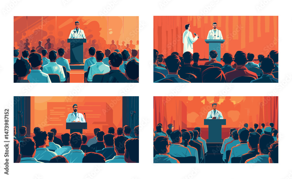 Obraz premium Man doctor podium speaking cartoon vector scenes. White robe coat microphones tribune crowd back view heads listeners auditory medicine summit scientists conference illustrations
