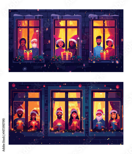 Marry christmas neighbors cartoon vector set. People in red cone hats holding gifts box at orange windows brick stone walls facade building mixed race positive happy window standing characters