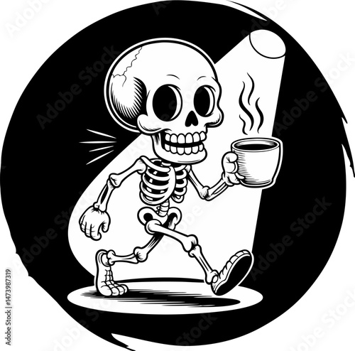 I'm dying for a coffee. A friendly skull holding a cup of coffee