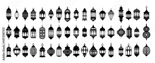 Ramadan lanterns black icons vector set. Lamps islam mosque arabic moroccan egyptian vintage oriental patterns religious light fixture silhouettes isolated on white background