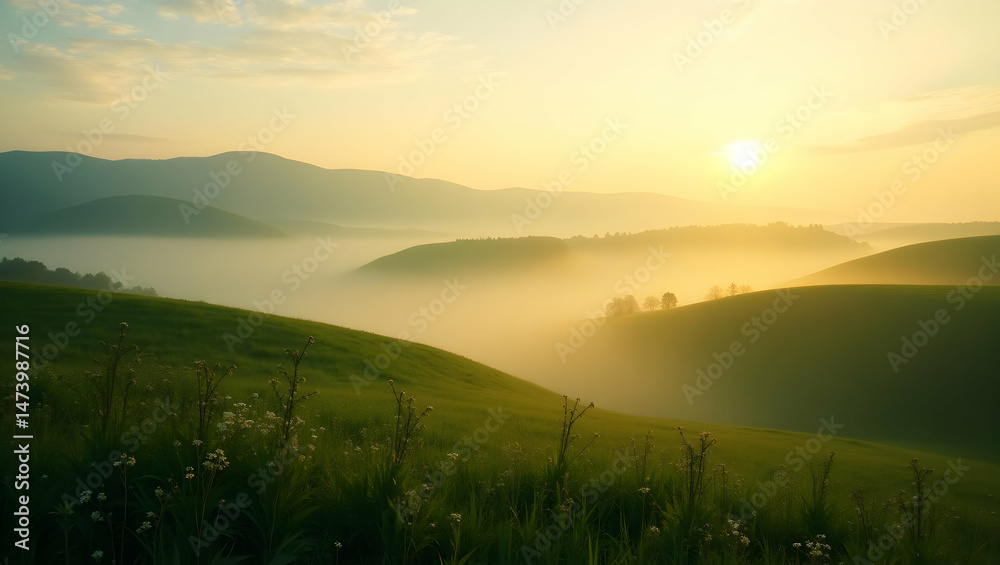 Obraz premium Serene dawn landscape featuring soft warm golden light casting a peaceful glow over rolling green hills shrouded in a gentle mist, capturing nature's tranquility
