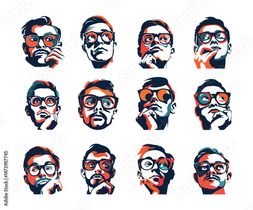 Thoughtful nerd avatars vector set. Portrait face glasses man closed immersed himself character, thinking technology it worker, stylish illustrations isolated on white background