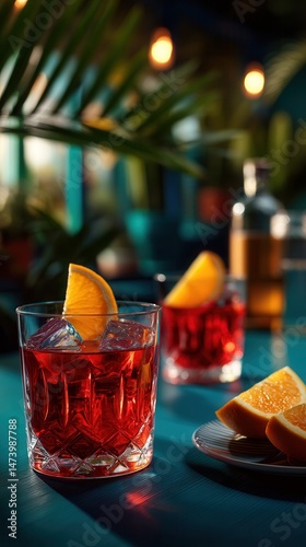 Relaxing tropical cocktails with orange garnish at evening bar