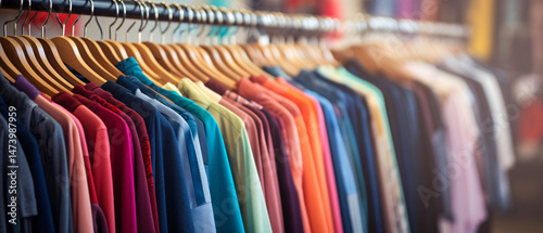 Clothing store. Shopping sale. Colorful clothes on hangers in the store.