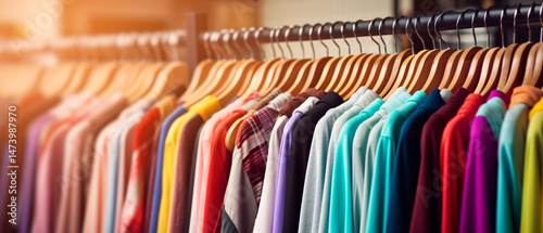 Clothing store. Shopping sale. Colorful clothes on hangers in the store.