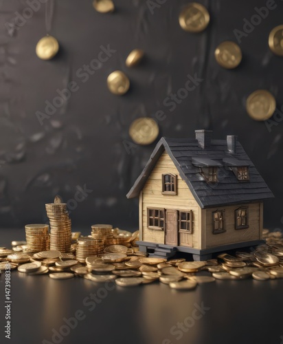Tiny home beside gold coins, home loan illustration,  stack of coins,  architecture,  financial security