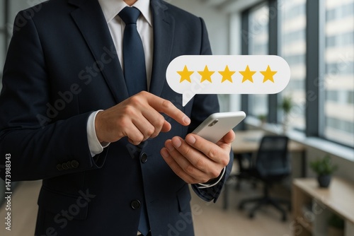 Businessman Using Smartphone Excellent Five Star Rating Feedback Review Mobile App Positive Digital Success Modern Technology Online Reputation Management Excellent Service Client Satisfaction        