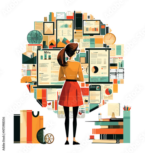 Woman data analyst cartoon vector concept. Female back view skirt character gathering files tables data charts infographics, round shape illustration isolated on white background