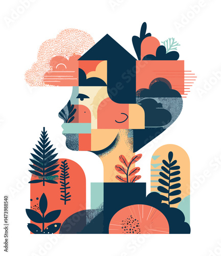 Womens face double exposure profile geometric color concept. Human portrait triangle square shape simple forms flora trees clouds elements illustration isolated on white background