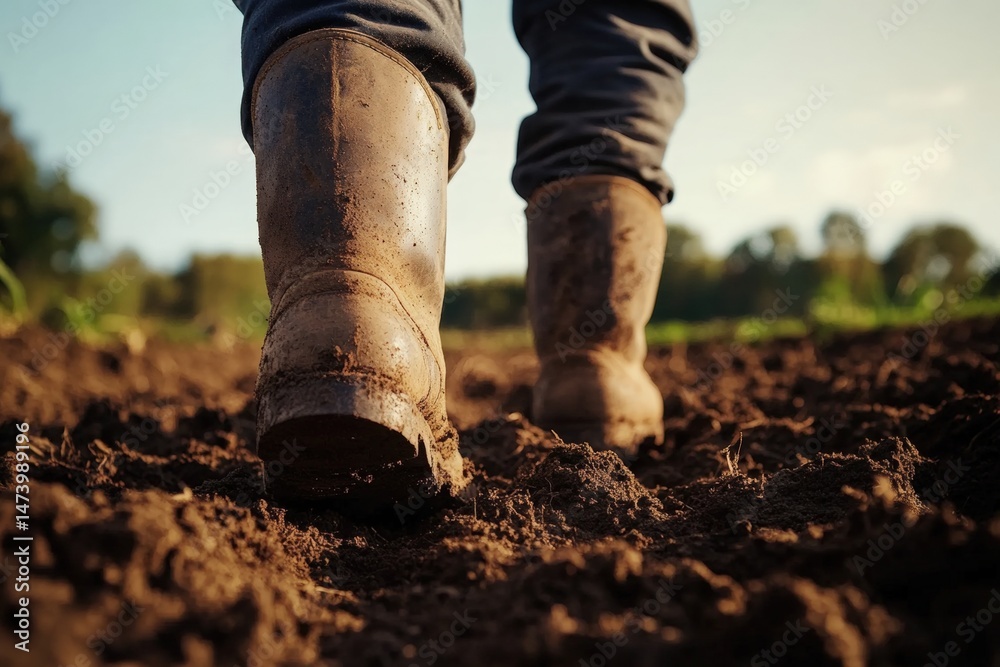 POV shot of a farmer's rugged boots stepping firmly into freshly plowed soil, with rich earthy tones and textures highlighting the deep connection between farmers and the land they nurture. Farm life