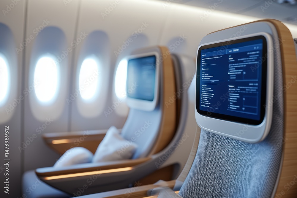 Airplane cabin interior featuring sustainable bamboo materials, digital screens displaying carbon offset information, passengers using reusable items, perfect for eco-friendly aviation concept