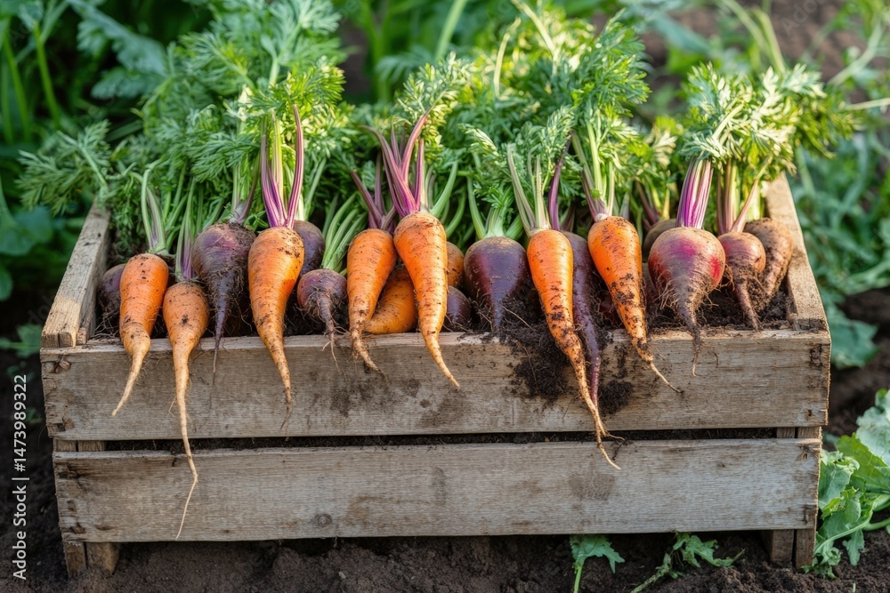 Weathered wooden crate overflow with freshly harvested organic carrots and deep red beets still covered with rich soil clinging to roots. Rustic farm textures. Autumn harvest season in organic garden.